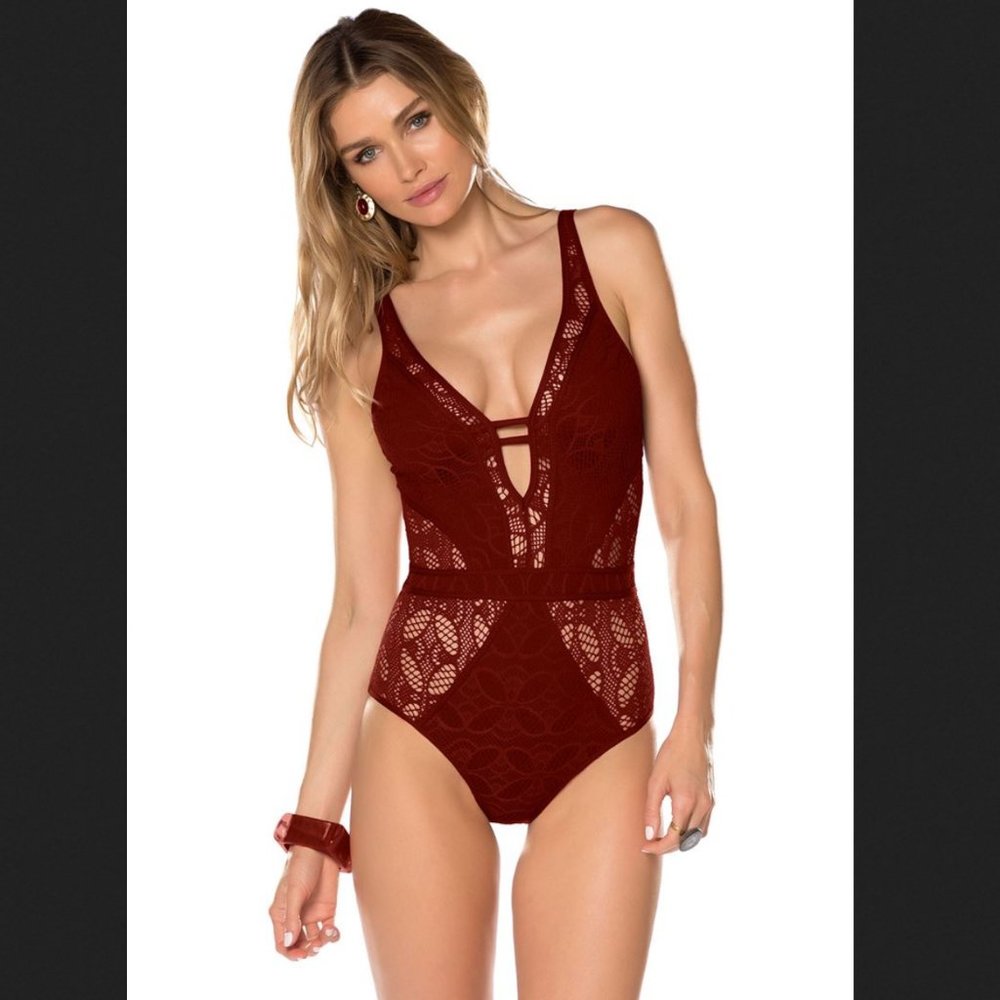 Becca by Rebecca Virtue Color Play Crochet Plunge One Piece Swimsuit Red Medium